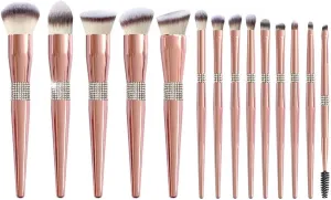 Makeup Brushes Premium, Diamond Encrusted Makeup Brushes Set Cosmetics Blending Tool Powder Foundation Blush Highlight Eyeshadow Eyebrow Eyelash Brush,14 Pcs Brush Set,Rose Golden, with Case