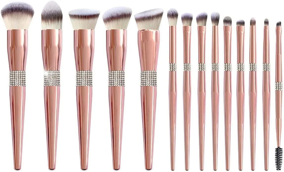 Makeup Brushes Premium, Diamond Encrusted Makeup Brushes Set Cosmetics Blending Tool Powder Foundation Blush Highlight Eyeshadow Eyebrow Eyelash Brush,14 Pcs Brush Set,Rose Golden, with Case