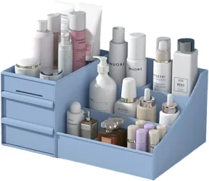 Makeup Desk Organizer with Drawers - Countertop Organizer for Cosmetics, Vanity Holder for Lipstick, Brushes, Lotions, Eyeshadow, Nail Polish and Jewelry (Blue)