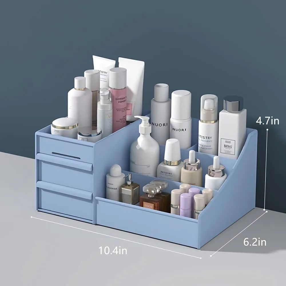 Makeup Desk Organizer with Drawers - Countertop Organizer for Cosmetics, Vanity Holder for Lipstick, Brushes, Lotions, Eyeshadow, Nail Polish and Jewelry (Blue)