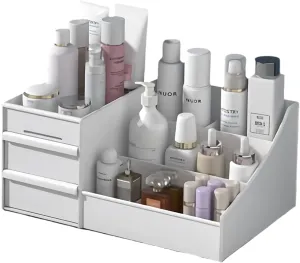 Makeup Desk Organizer with Drawers - Countertop Organizer for Cosmetics, Vanity Holder for Lipstick, Brushes, Lotions, Eyeshadow, Nail Polish and Jewelry (White)