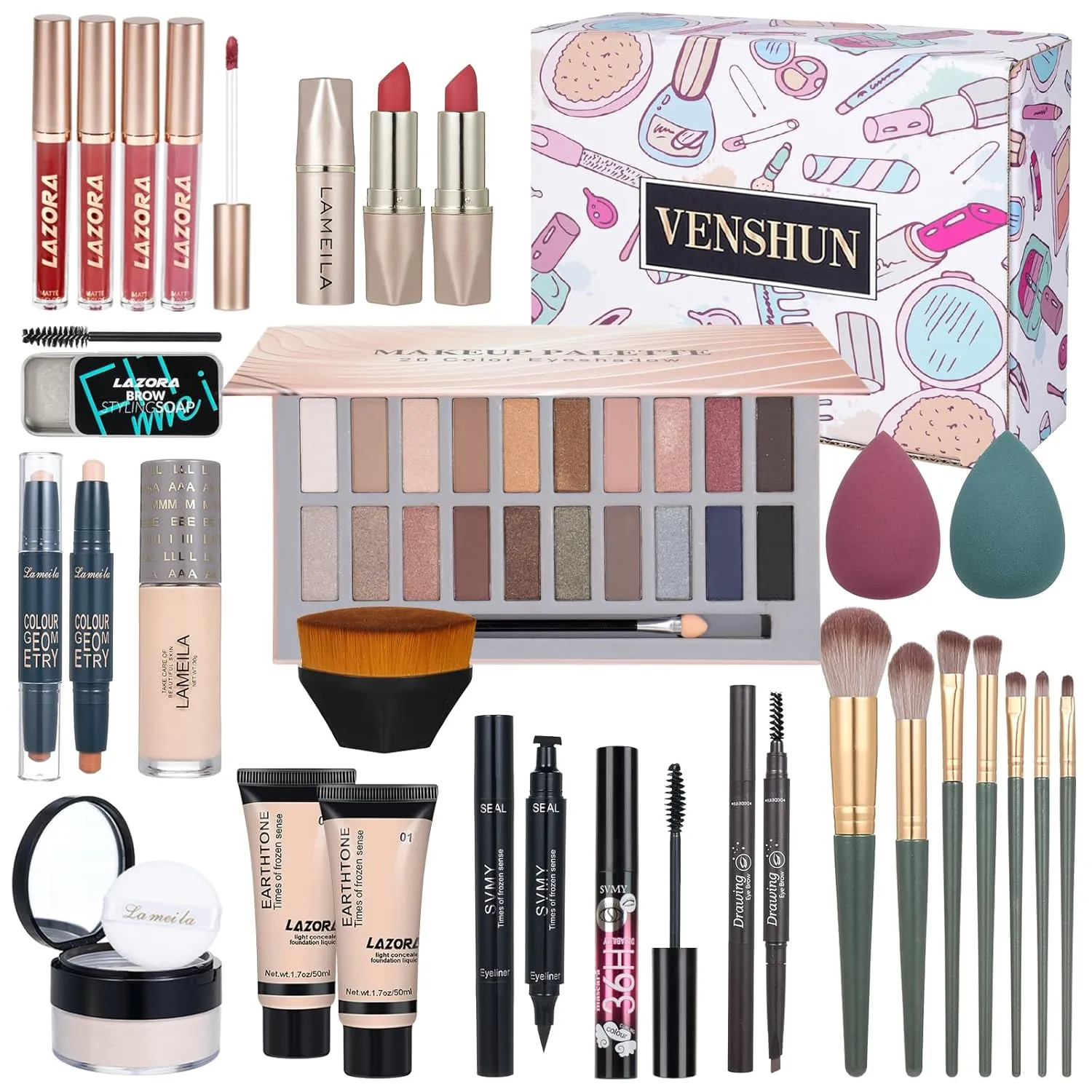 Makeup Kit Full Kit for Women Makeup Kit Full Kit for Teenagers Eyeshadow Palette Lip Gloss Foundation Mascara Eyeliner Cosmetic Brushes Cosmetic Bag etc. (20Middle)