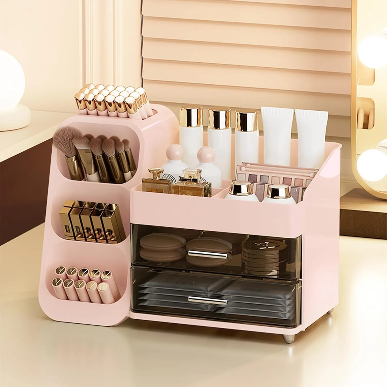 Makeup Organizer Countertop, Large Make Up Brush Holder Makeup Drawer Organizer for Vanity Dresser Bathroom, Skin Care Organizer for Brush Eyeshadow Lotion Lipstick Perfume Nail Polish Pink