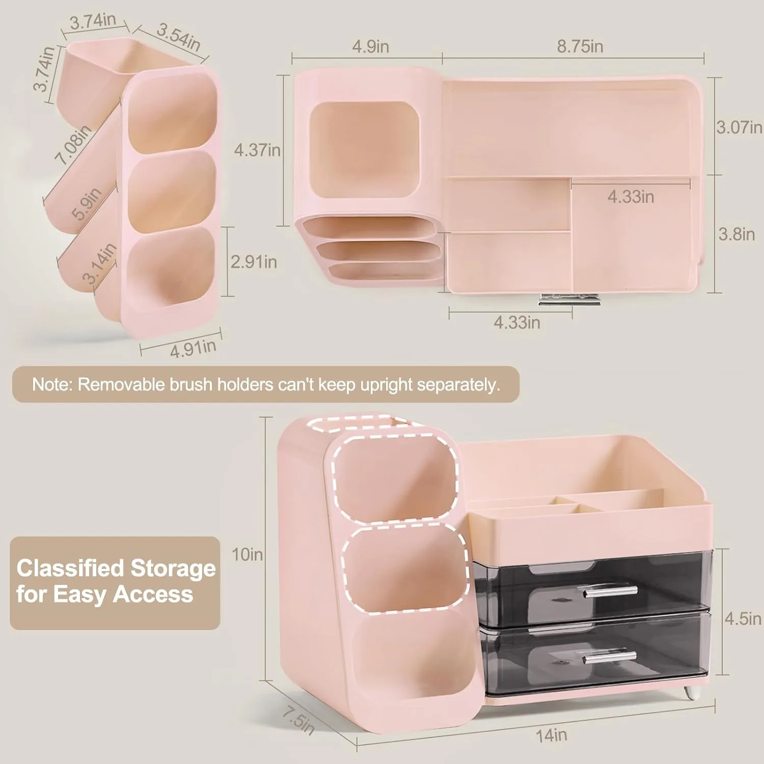 Makeup Organizer Countertop, Large Make Up Brush Holder Makeup Drawer Organizer for Vanity Dresser Bathroom, Skin Care Organizer for Brush Eyeshadow Lotion Lipstick Perfume Nail Polish Pink