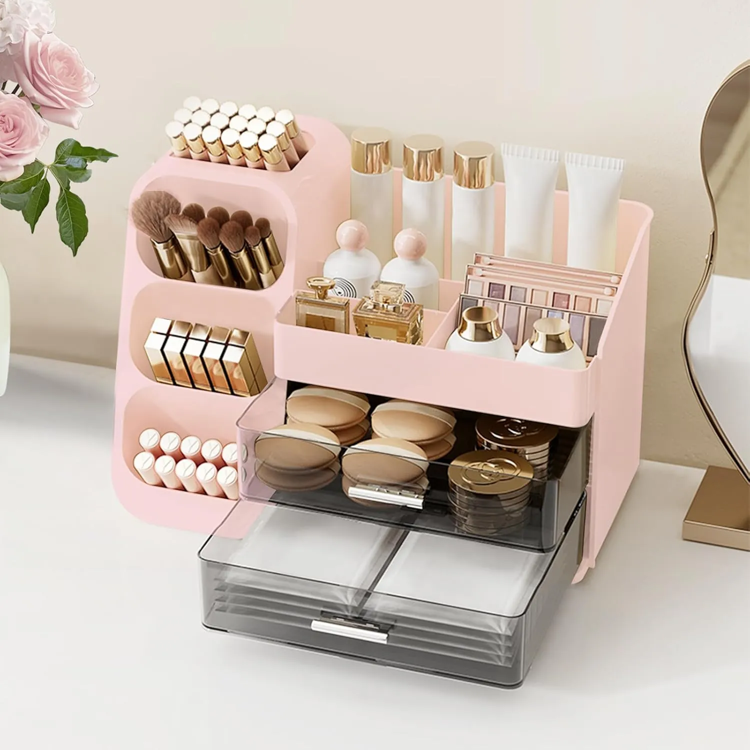 Makeup Organizer Countertop, Large Make Up Brush Holder Makeup Drawer Organizer for Vanity Dresser Bathroom, Skin Care Organizer for Brush Eyeshadow Lotion Lipstick Perfume Nail Polish Pink