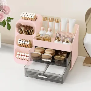 Makeup Organizer Countertop, Large Make Up Brush Holder Makeup Drawer Organizer for Vanity Dresser Bathroom, Skin Care Organizer for Brush Eyeshadow Lotion Lipstick Perfume Nail Polish Pink