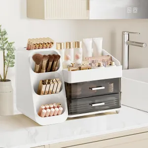 Makeup Organizer with Brush Holder for Vanity, Large Make up Organizer with Drawers for Dresser, Bathroom Countertop Skin Care Organizer for Eyeshadow Lotion Lipstick Perfume Nail Polish White