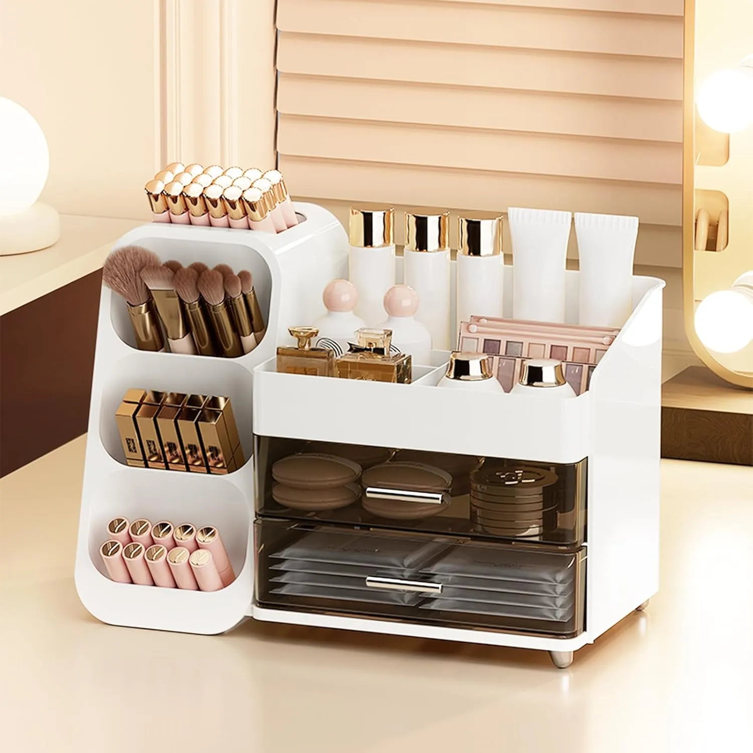 Makeup Organizer with Brush Holder for Vanity, Large Make up Organizer with Drawers for Dresser, Bathroom Countertop Skin Care Organizer for Eyeshadow Lotion Lipstick Perfume Nail Polish White