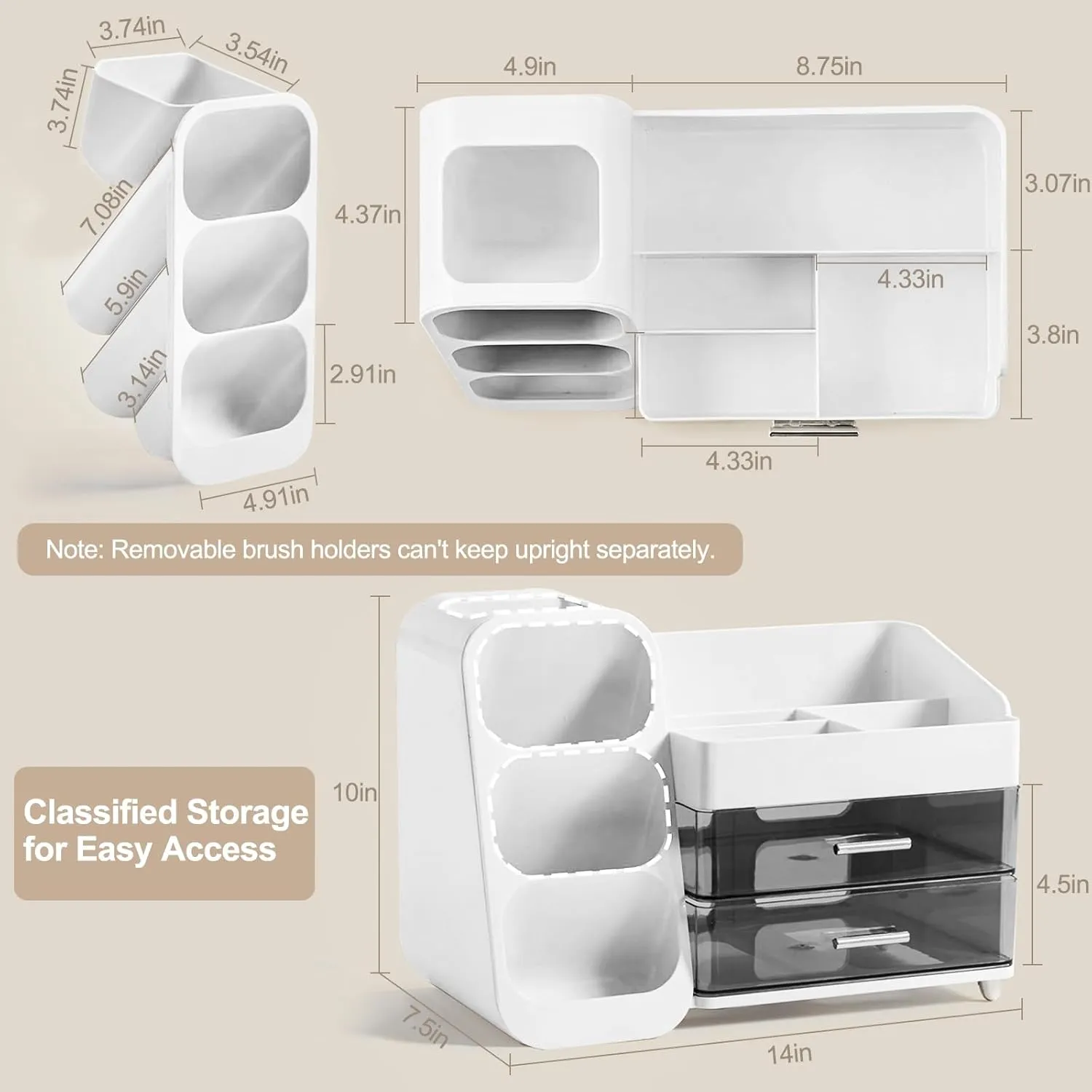 Makeup Organizer with Brush Holder for Vanity, Large Make up Organizer with Drawers for Dresser, Bathroom Countertop Skin Care Organizer for Eyeshadow Lotion Lipstick Perfume Nail Polish White