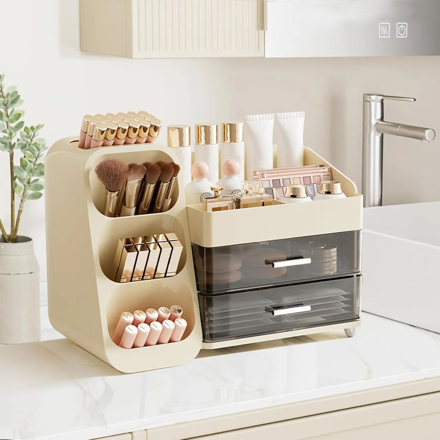 Makeup Organizer with Drawer for Vanity, Large Make up Organizer with Brush Holder for Dresser, Bathroom Countertop Storage Skin Care Organizer for Eyeshadow Lotion Lipstick Perfume Nail Polish Cream