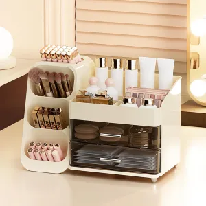 Makeup Organizer with Drawer for Vanity, Large Make up Organizer with Brush Holder for Dresser, Bathroom Countertop Storage Skin Care Organizer for Eyeshadow Lotion Lipstick Perfume Nail Polish Cream