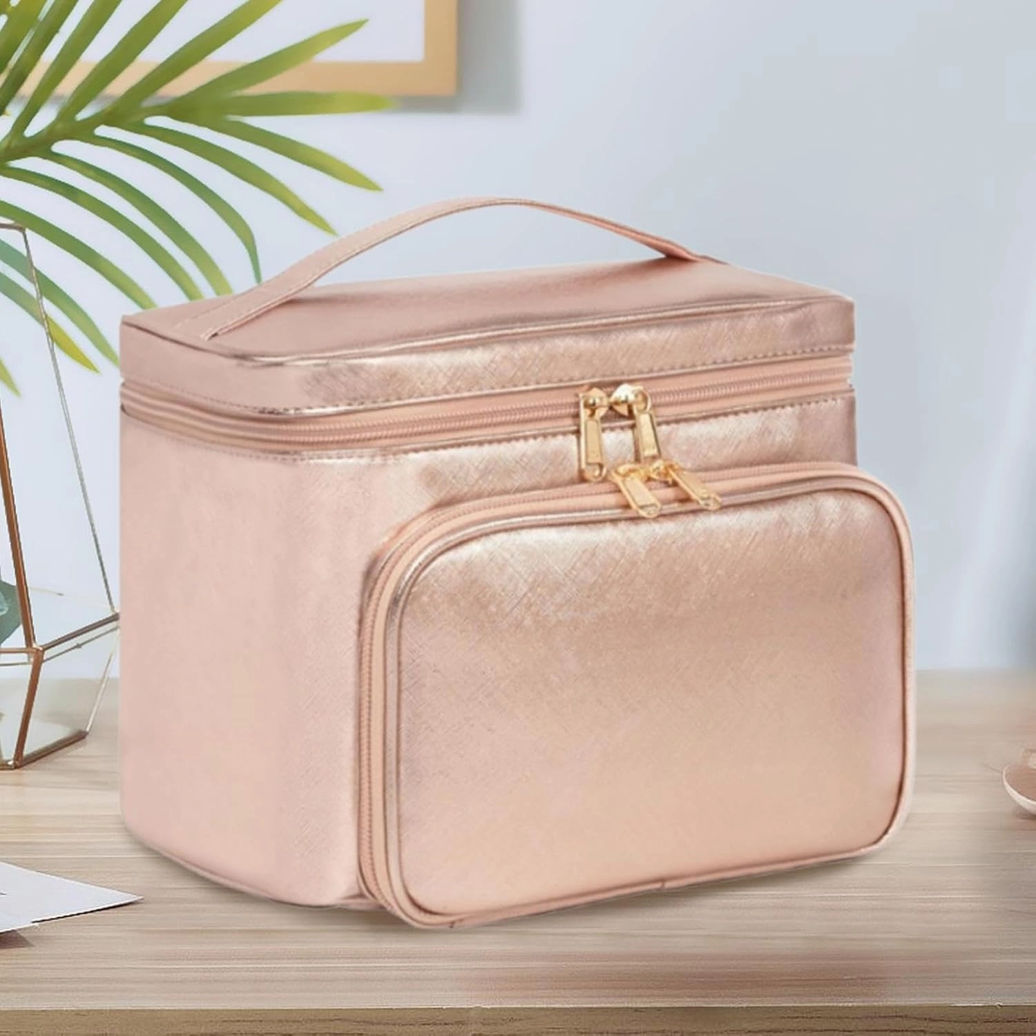 Makeup Bag Makeup Brush Organiser Multifunction Water Resistant Cosmetic Case Makeup Organizer for Lipstick Travel Essentials, Pink Gold
