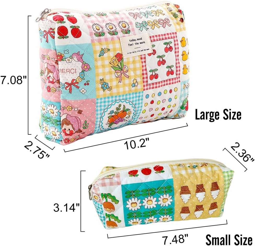 Makeup Bag Pencil Case Quilted Cotton Floral Large Makeup Bag Pencil Bag, Cute Ice Cream Cherry Lightweight Coquette Cosmetic Pouch