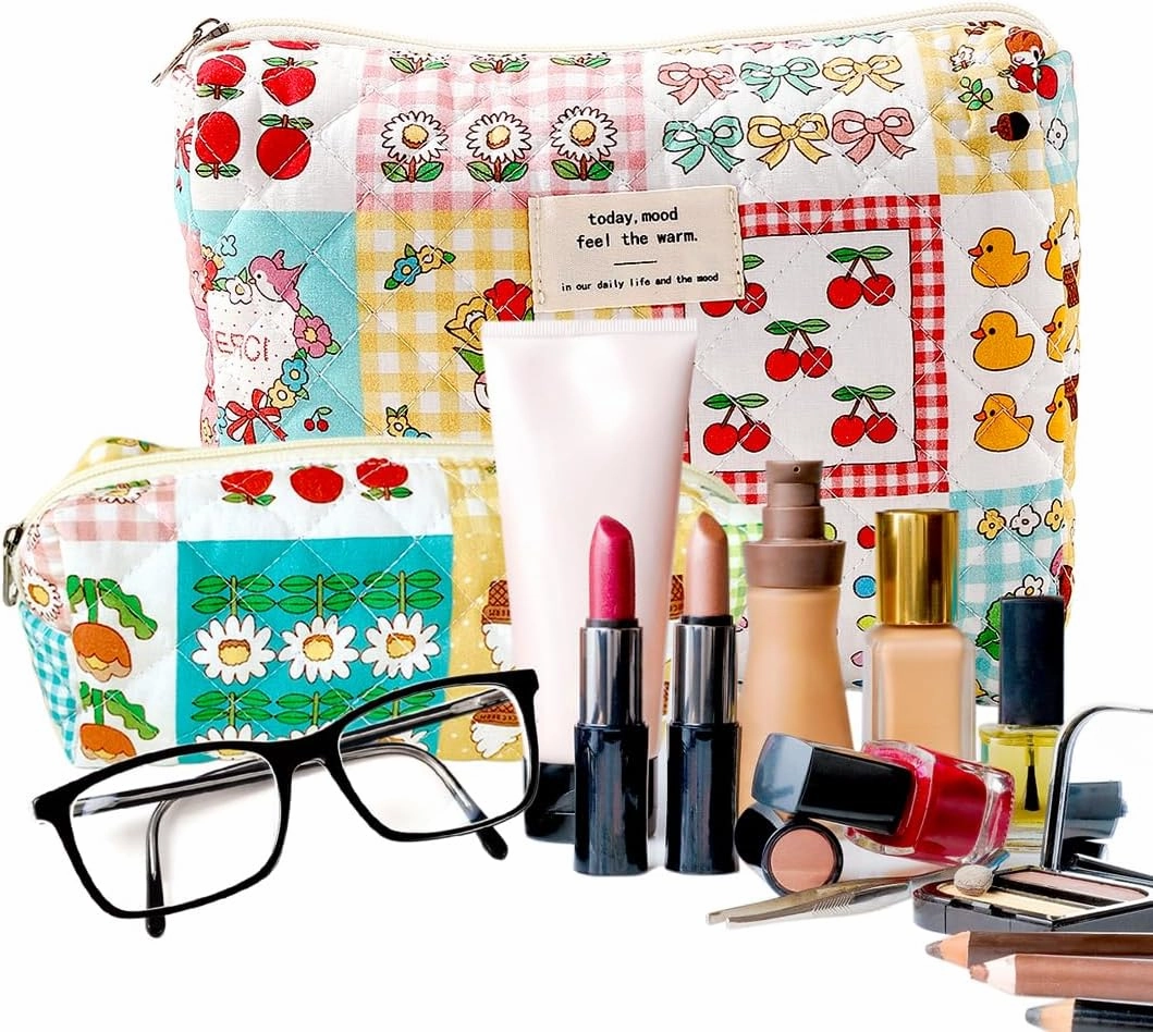Makeup Bag Pencil Case Quilted Cotton Floral Large Makeup Bag Pencil Bag, Cute Ice Cream Cherry Lightweight Coquette Cosmetic Pouch