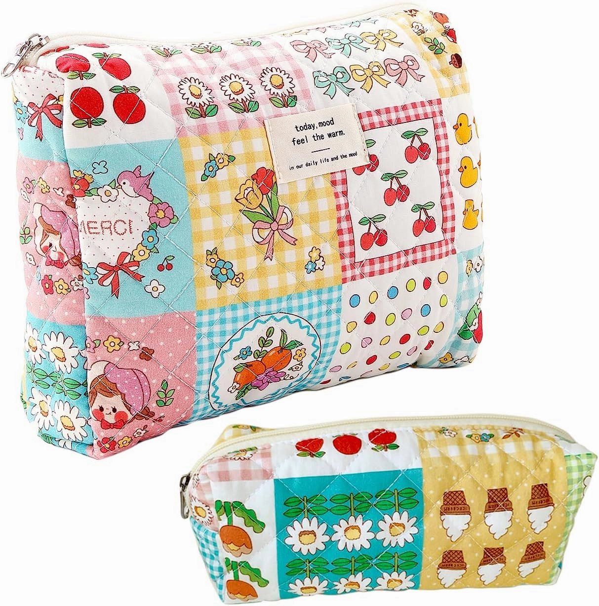 Makeup Bag Pencil Case Quilted Cotton Floral Large Makeup Bag Pencil Bag, Cute Ice Cream Cherry Lightweight Coquette Cosmetic Pouch