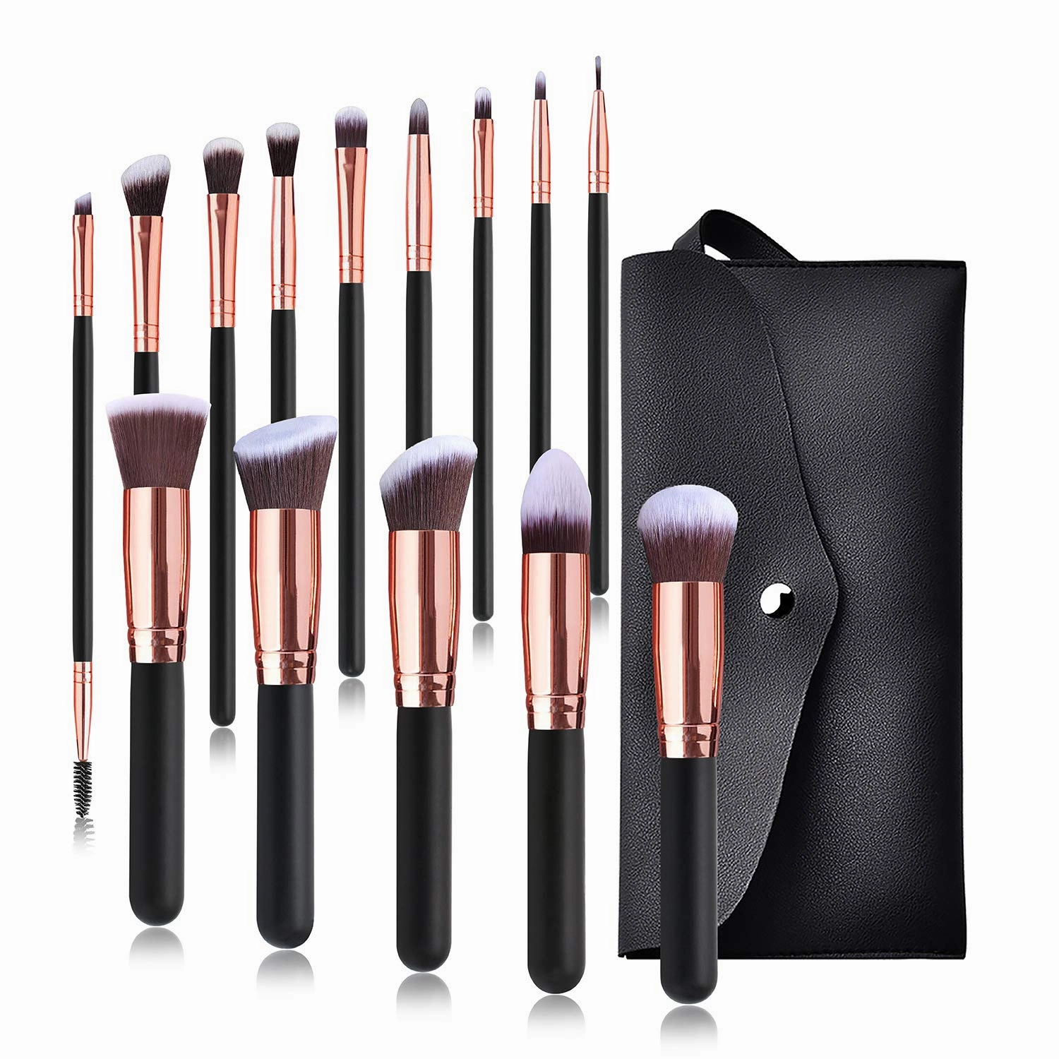 Makeup Brush Set, 14 Pieces, Professional Cosmetic Brushes with Rose Gold Ferrules, Black Handles