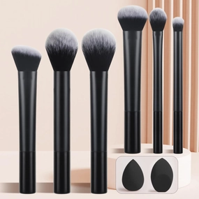 Makeup Brush Set with Beauty Sponges, 4 Professional Brushes, Dual-Color Metallic Handle, Pink and Rose Gold (6 pieces - black long tube brush   2 beauty eggs)
