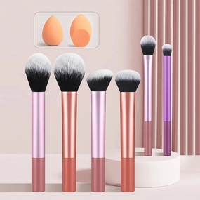 Makeup Brush Set with Beauty Sponges, 4 Professional Brushes, Dual-Color Metallic Handle, Pink and Rose Gold (6 pieces - mixed color long tube brush   2 beauty eggs)