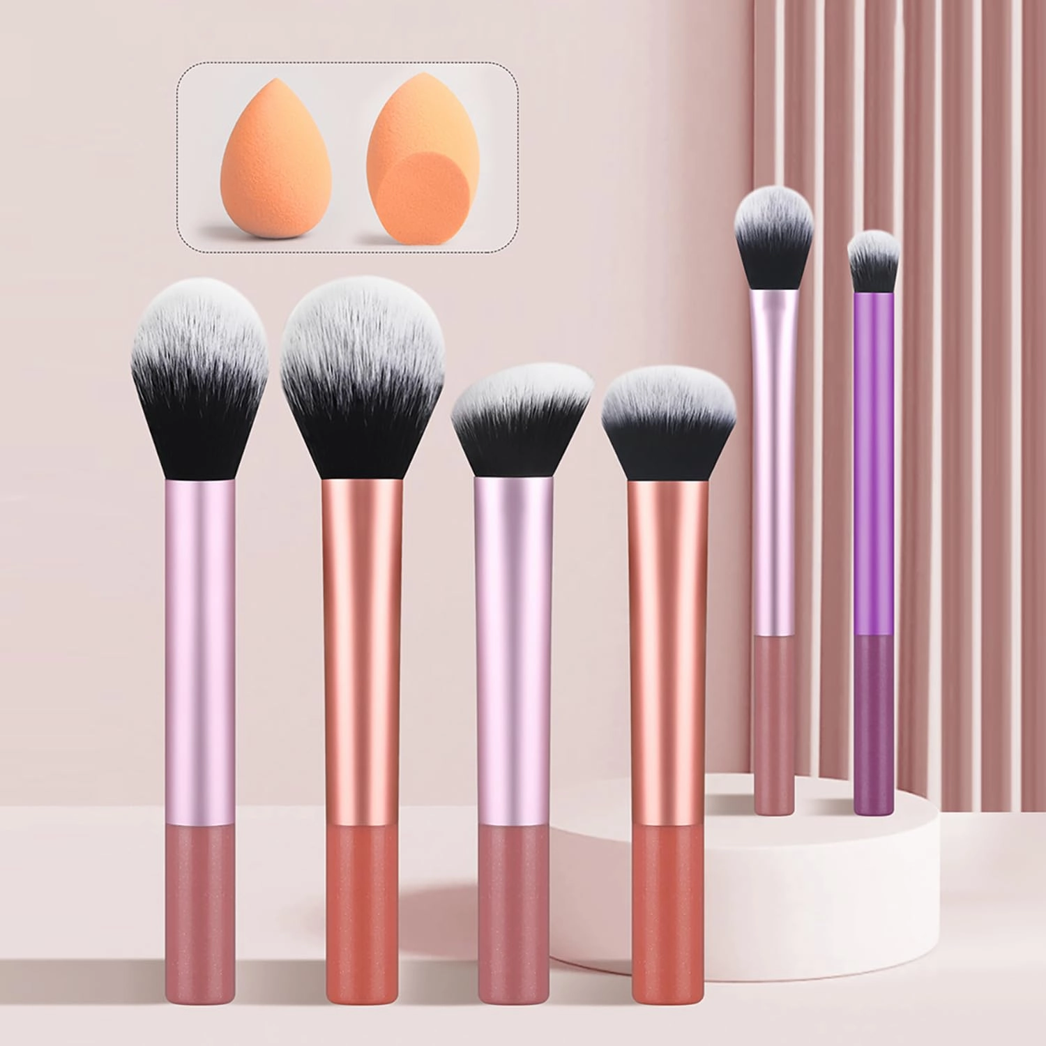 Makeup Brush Set with Beauty Sponges, 4 Professional Brushes, Dual-Color Metallic Handle, Pink and Rose Gold (6 pieces - mixed color long tube brush   2 beauty eggs)
