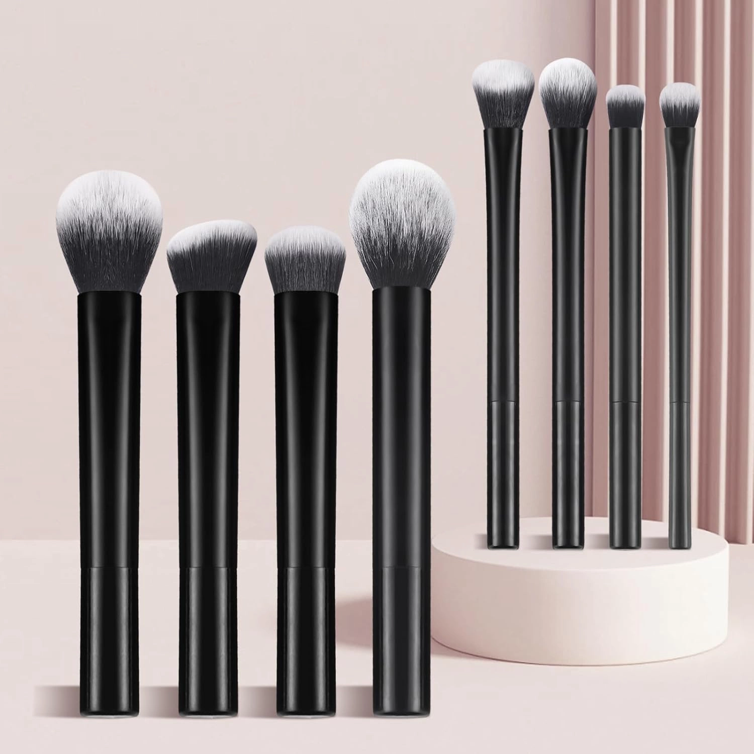Makeup Brush Set with Beauty Sponges, 4 Professional Brushes, Dual-Color Metallic Handle, Pink and Rose Gold (8-black long tube professional makeup set)