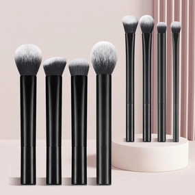 Makeup Brush Set with Beauty Sponges, 4 Professional Brushes, Dual-Color Metallic Handle, Pink and Rose Gold (8-black long tube professional makeup set)
