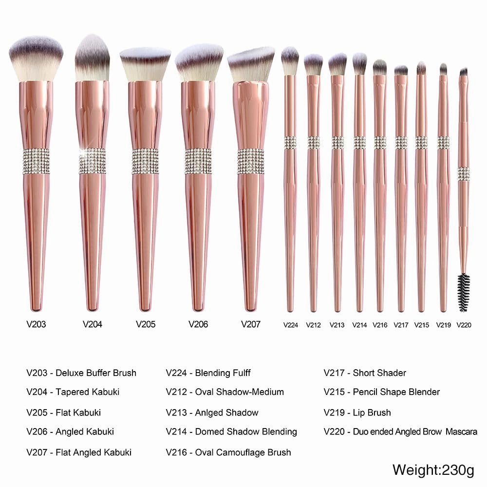 Makeup Brush Set with Holder, 14 Piece Rose Gold Professional Brushes, Pink Crystal Travel Case (14支电镀玫瑰金 Opp)