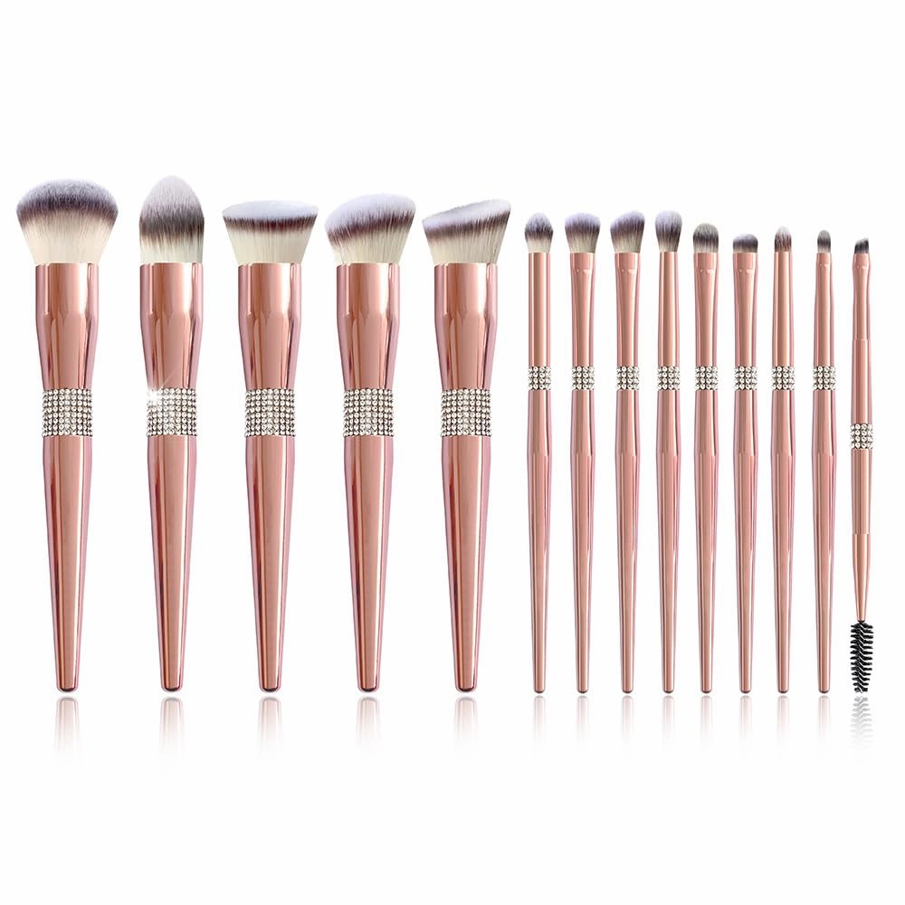 Makeup Brush Set with Holder, 14 Piece Rose Gold Professional Brushes, Pink Crystal Travel Case (14支电镀玫瑰金 Opp)