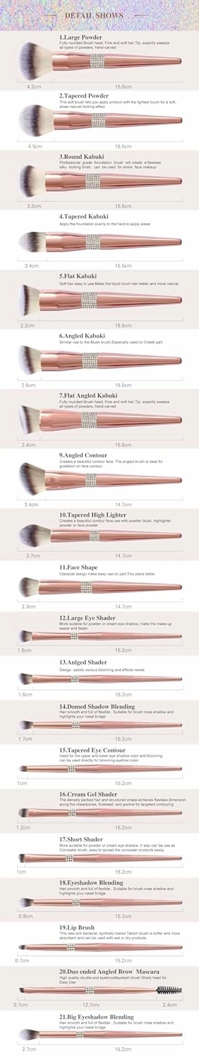 Makeup Brush Set with Holder, 14 Piece Rose Gold Professional Brushes, Pink Crystal Travel Case (14支电镀玫瑰金 Opp)