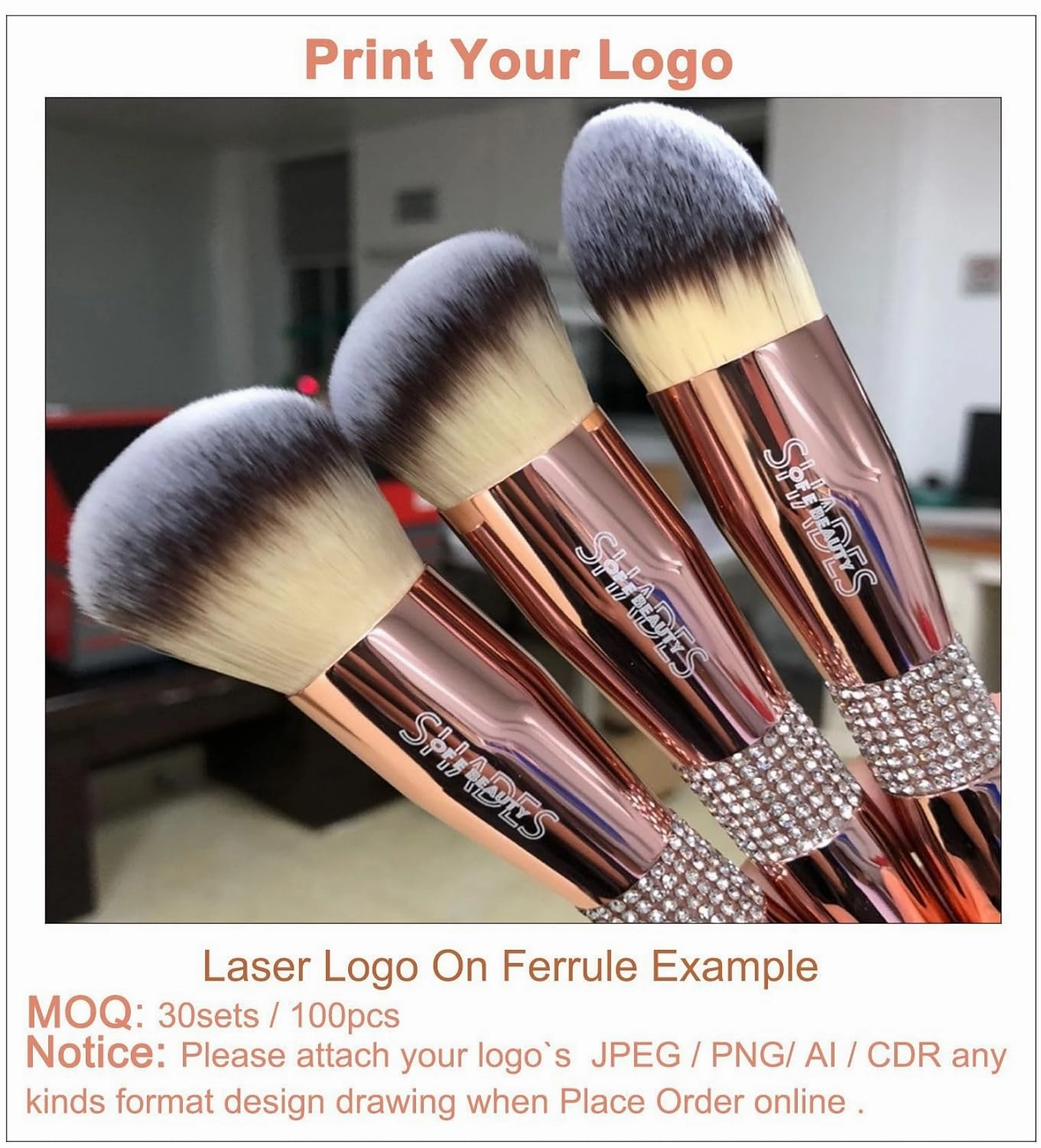 Makeup Brush Set with Holder, 14 Piece Rose Gold Professional Brushes, Pink Crystal Travel Case (14支电镀玫瑰金 Opp)