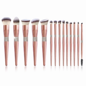 Makeup Brush Set with Holder, 14 Piece Rose Gold Professional Brushes, Pink Crystal Travel Case (14支电镀玫瑰金 Opp)