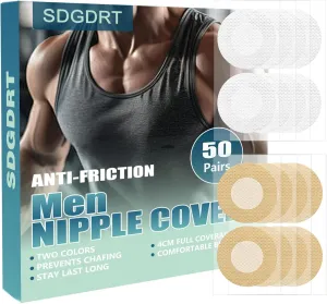 Male Nipple Covers, (100 Pcs/50 pairs) Nipguards for Runners, Nipple Covers Sticker Men, Anti-Chafing Nipple Tape, Ultra Comfortable Nipple Guard Adhesive Bandages-Beige&White