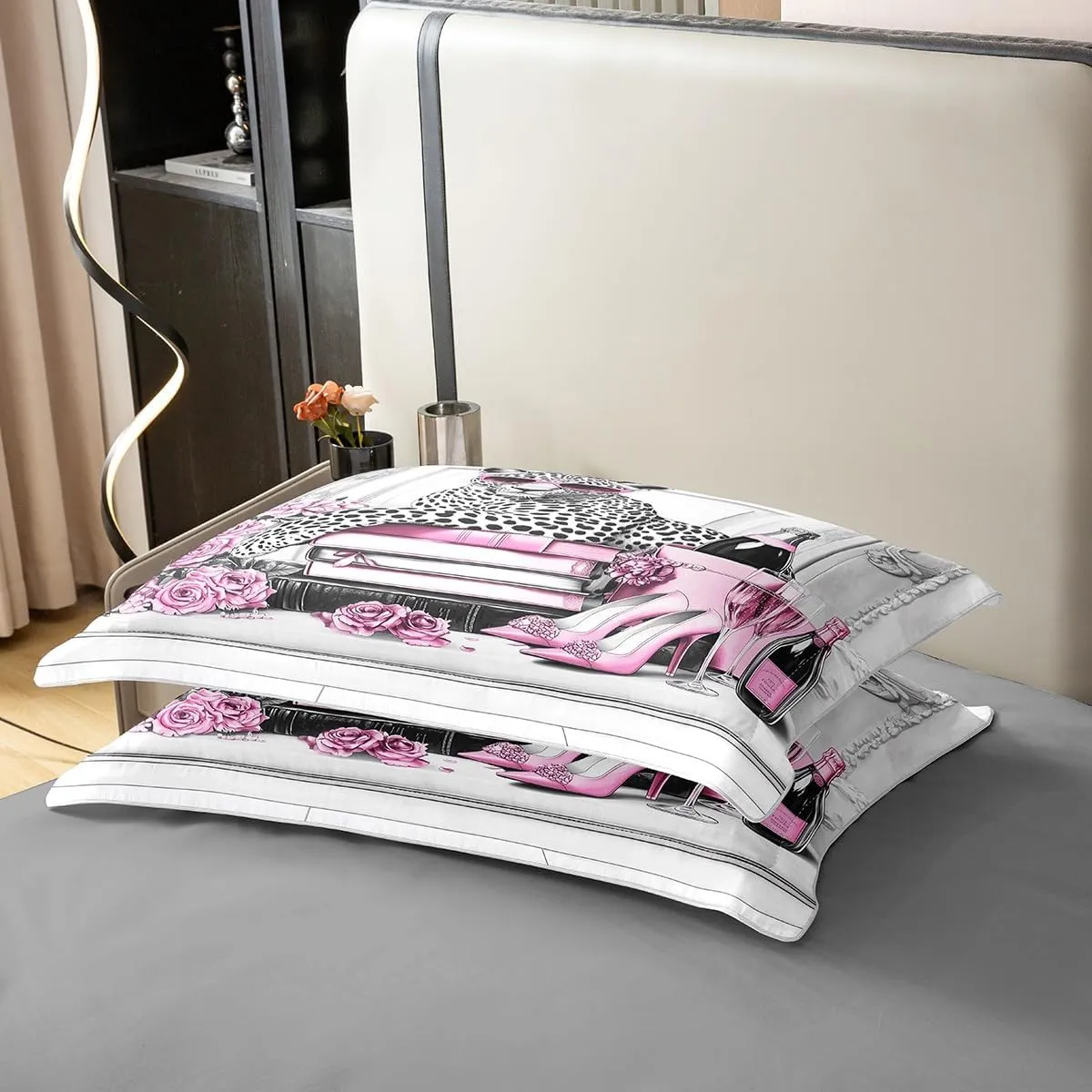 Manfei Leopard Cheetah Full Size Cotton Duvet Cover,Pink High Heels Champagne Roses Floral Quilt Cover(No Filler),Cool African Wild Animal European Style Gray Comforter Cover for Adults Bedroom