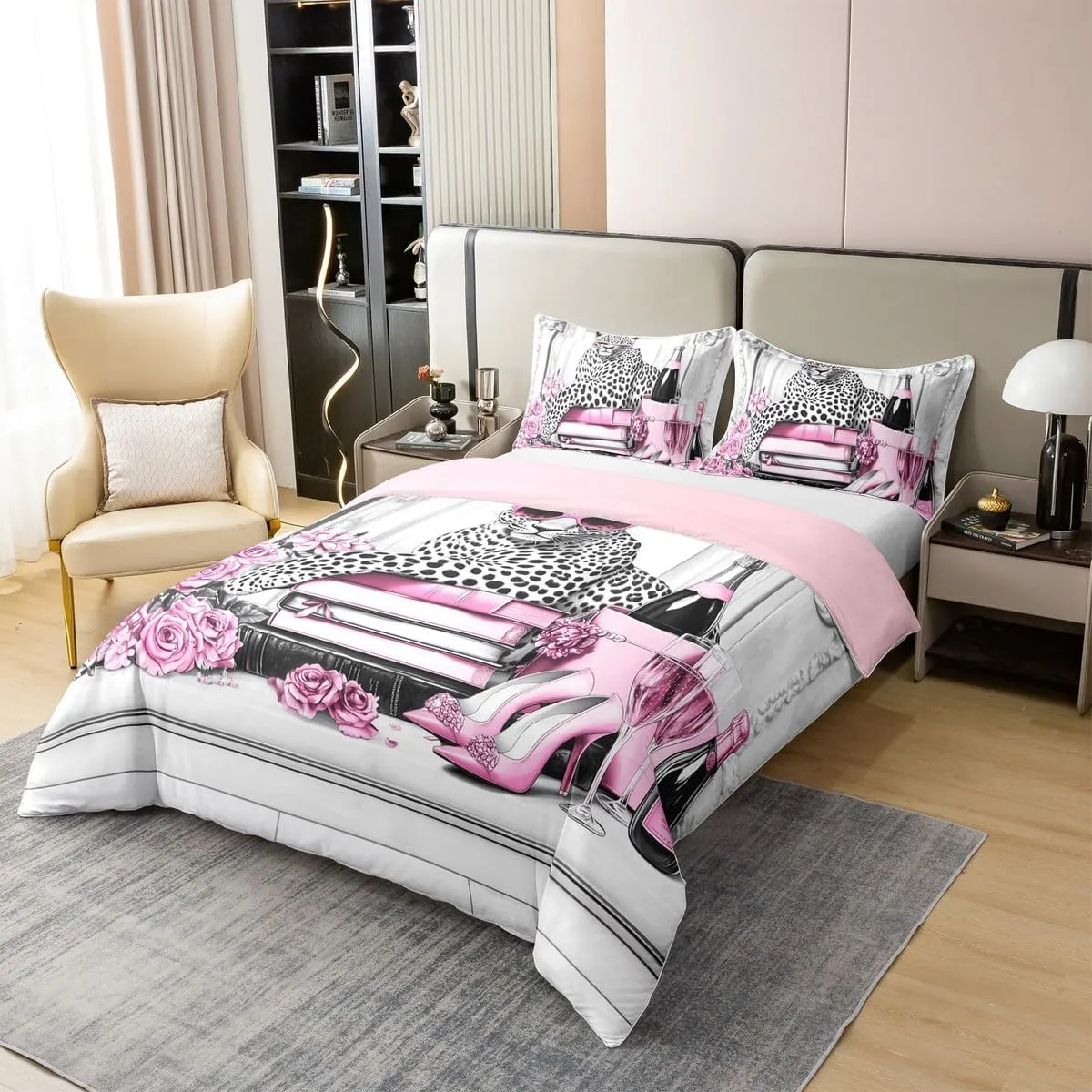 Manfei Leopard Cheetah Full Size Cotton Duvet Cover,Pink High Heels Champagne Roses Floral Quilt Cover(No Filler),Cool African Wild Animal European Style Gray Comforter Cover for Adults Bedroom