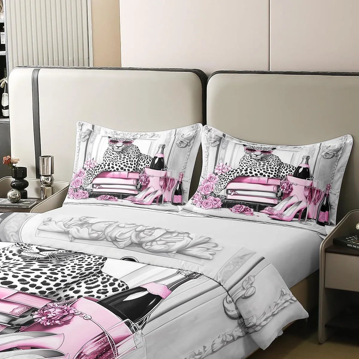 Manfei Leopard Cheetah Full Size Cotton Duvet Cover,Pink High Heels Champagne Roses Floral Quilt Cover(No Filler),Cool African Wild Animal European Style Gray Comforter Cover for Adults Bedroom