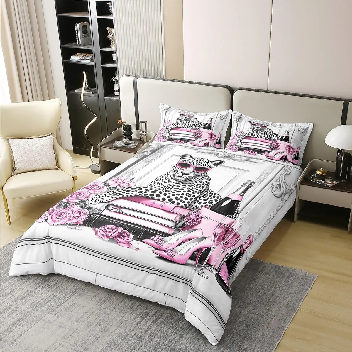 Manfei Leopard Cheetah Full Size Cotton Duvet Cover,Pink High Heels Champagne Roses Floral Quilt Cover(No Filler),Cool African Wild Animal European Style Gray Comforter Cover for Adults Bedroom