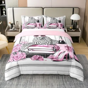 Manfei Leopard Cheetah Full Size Cotton Duvet Cover,Pink High Heels Champagne Roses Floral Quilt Cover(No Filler),Cool African Wild Animal European Style Gray Comforter Cover for Adults Bedroom