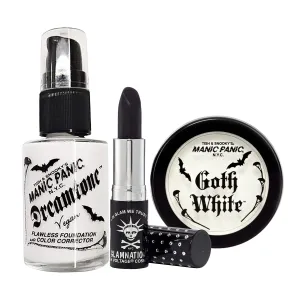MANIC PANIC Goth White Cream To Powder Foundation Bundle with Raven Lethal Lipstick, and Dreamtone White Liquid Foundation