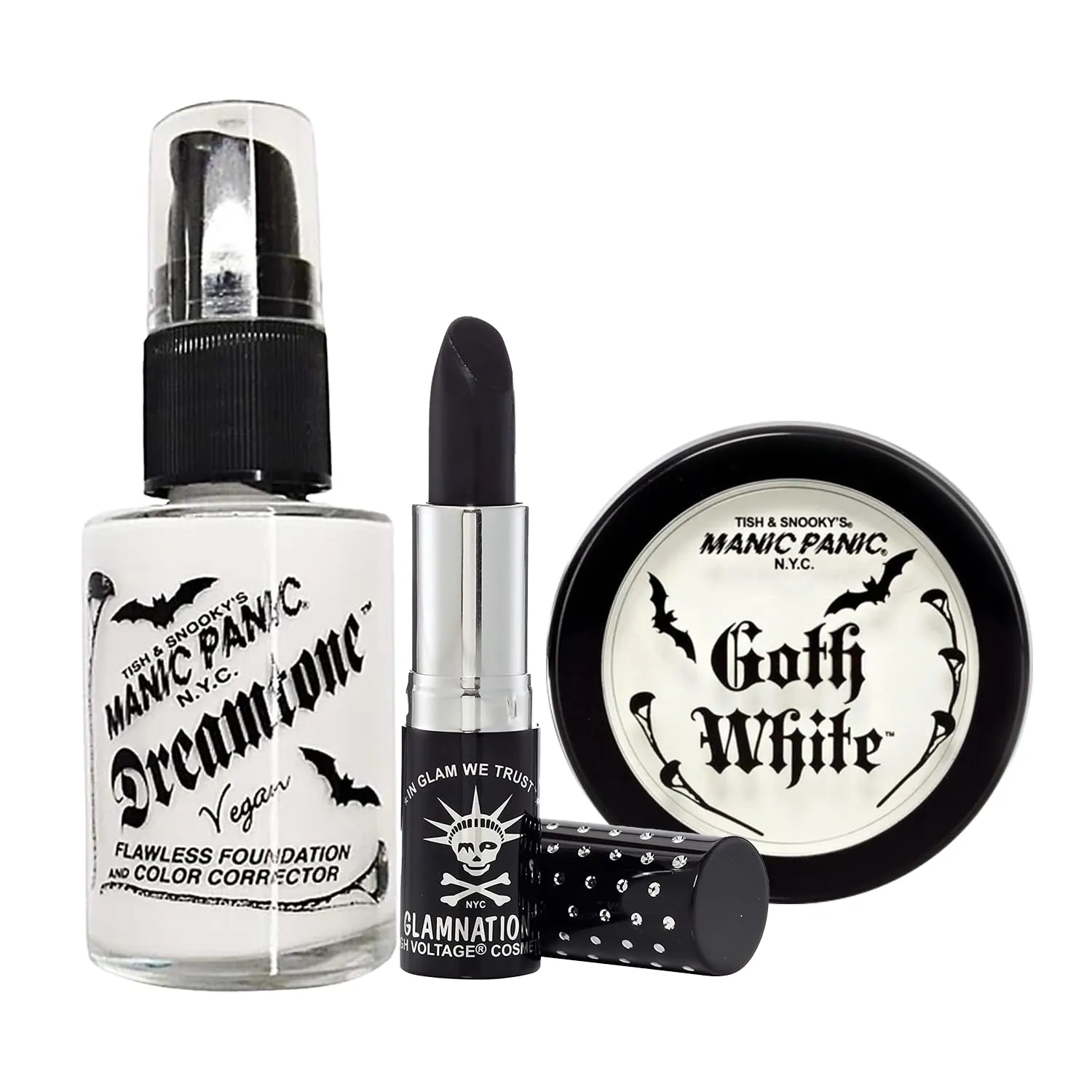 MANIC PANIC Goth White Cream To Powder Foundation Bundle with Raven Lethal Lipstick, and Dreamtone White Liquid Foundation