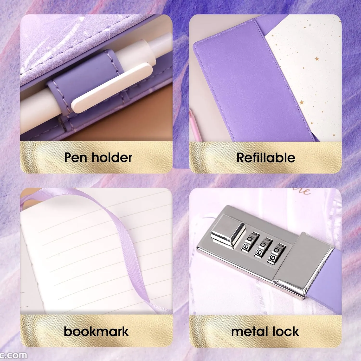 Marble Diary with Lock for Girls Women Leather Journal with Lock Diary for Women with Pen Holder Refillable Personal Password Locking Diary B6 Girls Diary with Combination Lock, 8.2 × 5.3 inches, Purple