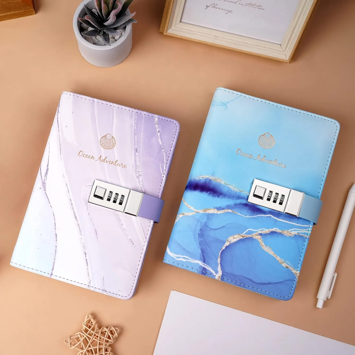 Marble Diary with Lock for Girls Women Leather Journal with Lock Diary for Women with Pen Holder Refillable Personal Password Locking Diary B6 Girls Diary with Combination Lock, 8.2 × 5.3 inches, Purple