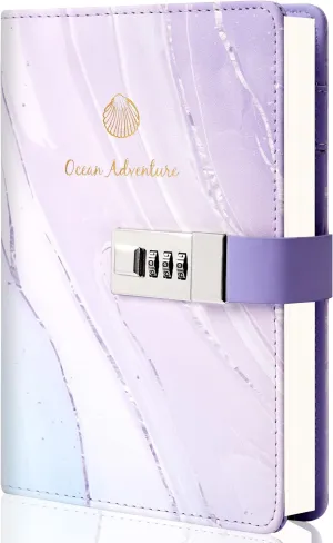 Marble Diary with Lock for Girls Women Leather Journal with Lock Diary for Women with Pen Holder Refillable Personal Password Locking Diary B6 Girls Diary with Combination Lock, 8.2 × 5.3 inches, Purple