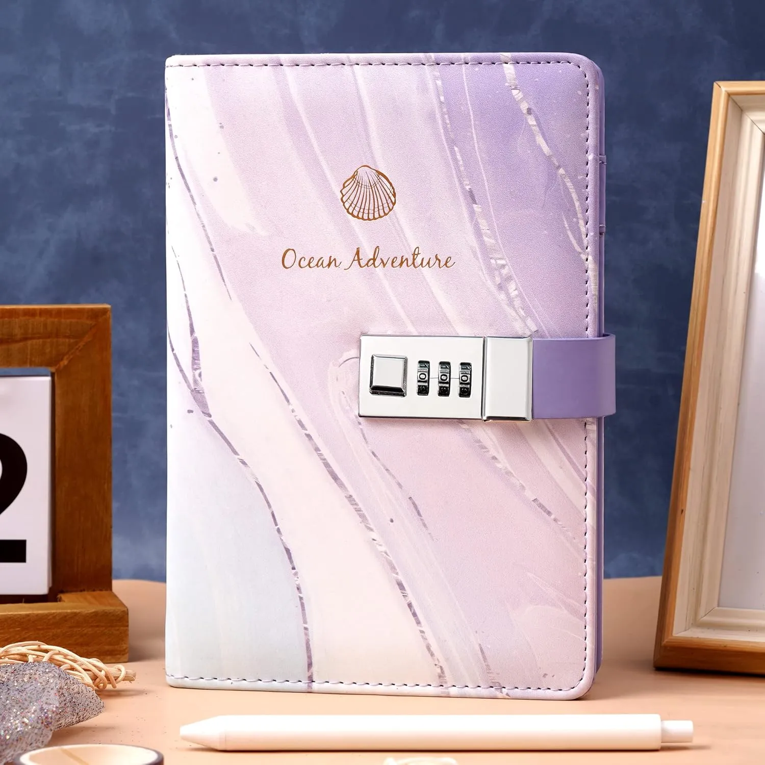 Marble Diary with Lock for Girls Women Leather Journal with Lock Diary for Women with Pen Holder Refillable Personal Password Locking Diary B6 Girls Diary with Combination Lock, 8.2 × 5.3 inches, Purple