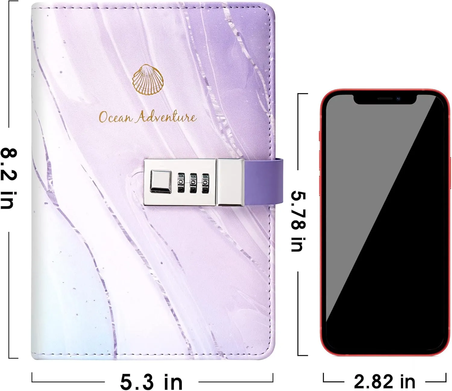 Marble Diary with Lock for Girls Women Leather Journal with Lock Diary for Women with Pen Holder Refillable Personal Password Locking Diary B6 Girls Diary with Combination Lock, 8.2 × 5.3 inches, Purple