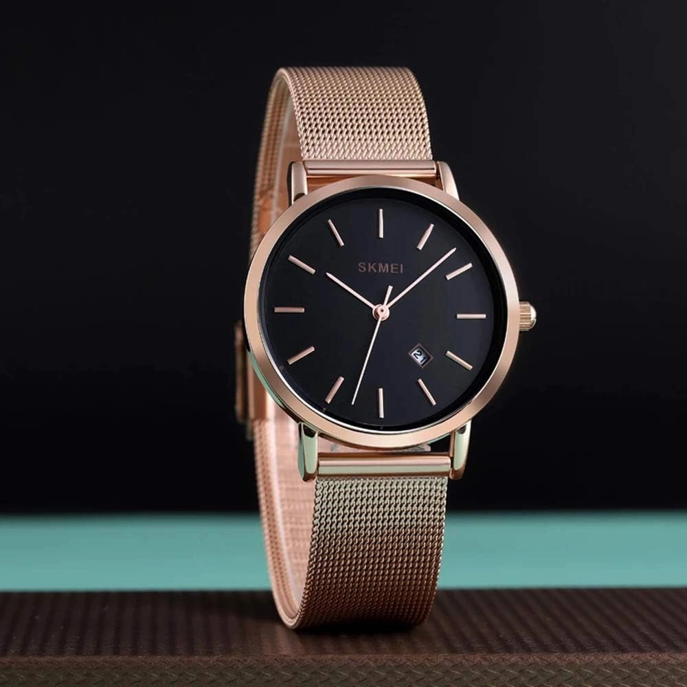 MASTOP Men Women Watch Minimalist Analog Quartz Rose Gold with Silver Stainless Steel Mesh Band Ultra Thin Watch