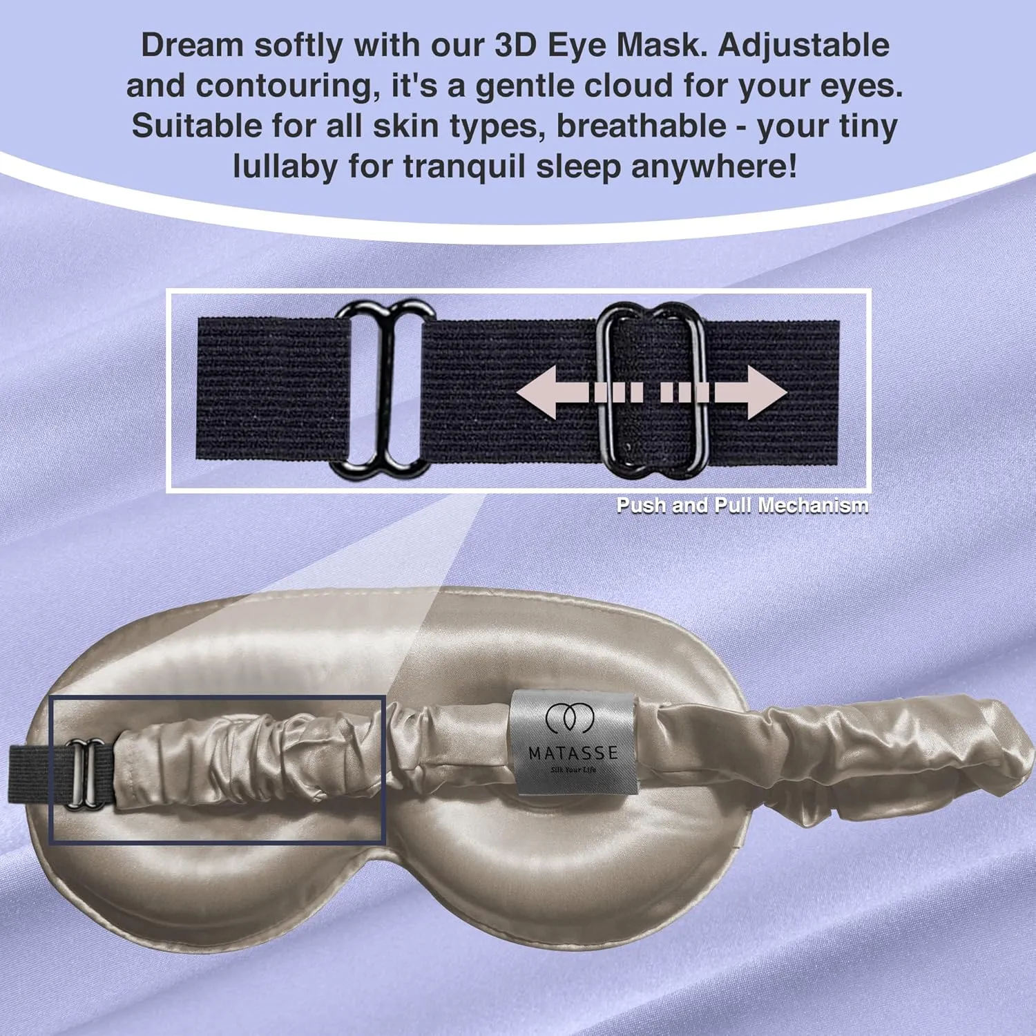 MATASSE Silk Eye Mask for Sleeping with Adjustable Elastic Band - 3D Contoured, Eye Cover Sleep Mask w/Genuine Mulberry Silk Including The Strap for Women, Men (Champagne)
