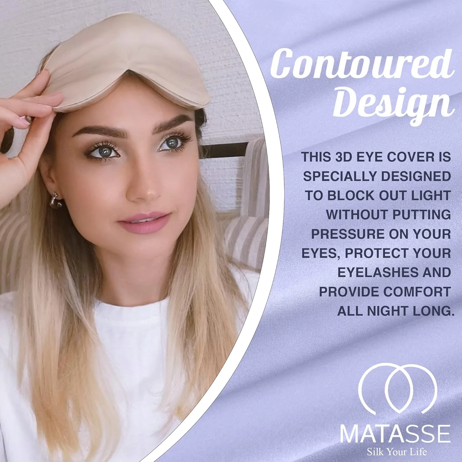 MATASSE Silk Eye Mask for Sleeping with Adjustable Elastic Band - 3D Contoured, Eye Cover Sleep Mask w/Genuine Mulberry Silk Including The Strap for Women, Men (Champagne)
