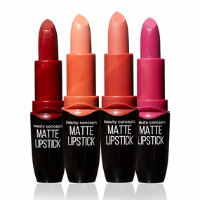 Matte Lipstick Collection by Beauty Concepts | 4 Lustrous Colors of Lip Makeup: Pink, Red, Purple, & Nude, Present Set | 0.1 Oz / 3G Each
