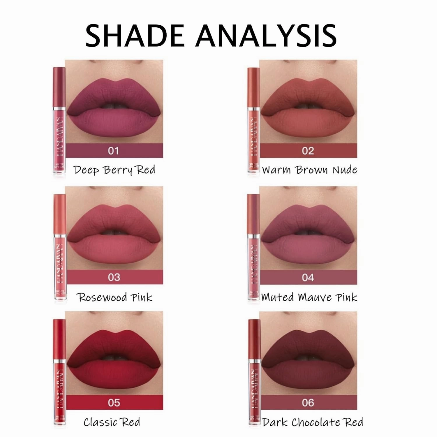 Matte Liquid Lipstick Set - 6 Colors A/B Collection, Long-lasting Waterproof, Non-Fading, Soft Velvet Matte Lip Tint, Moisturizing & Non-Drying (Dark, Medium)