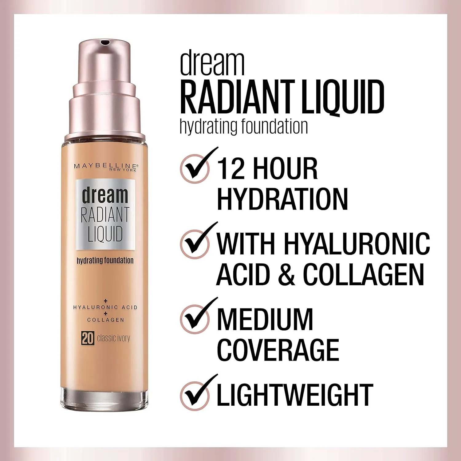 Maybelline Dream Radiant Liquid Medium Coverage Hydrating Makeup, Lightweight Liquid Foundation, Vanilla, 1 Fl; Oz