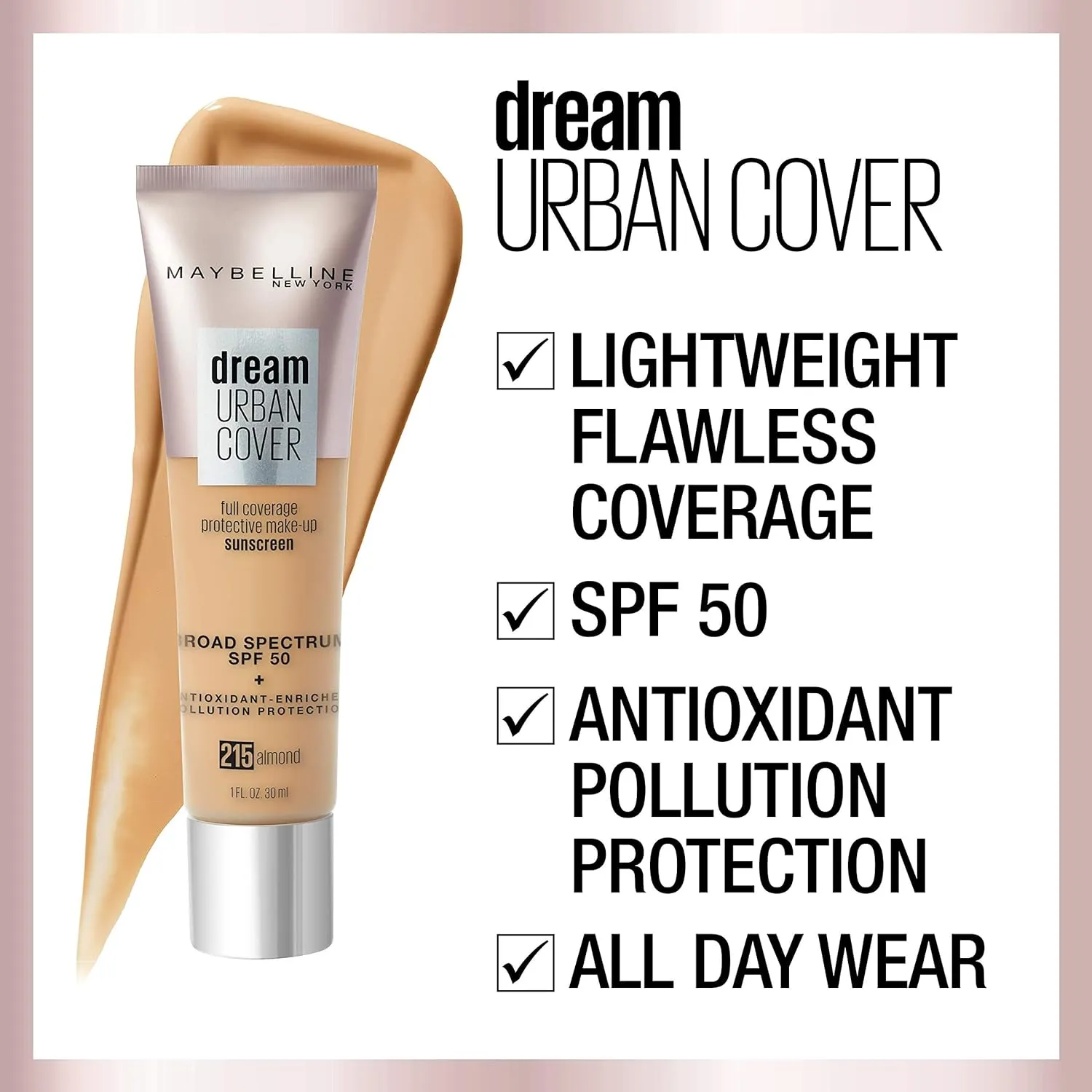 Maybelline Dream Urban Cover Flawless Coverage Foundation Makeup, SPF 50, Ivory